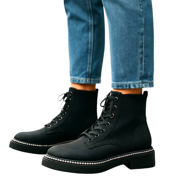 Women's 10 Black Stud Trimmed  Combat Ankle Boots Lace Up Zipper - Picture 1 of 7